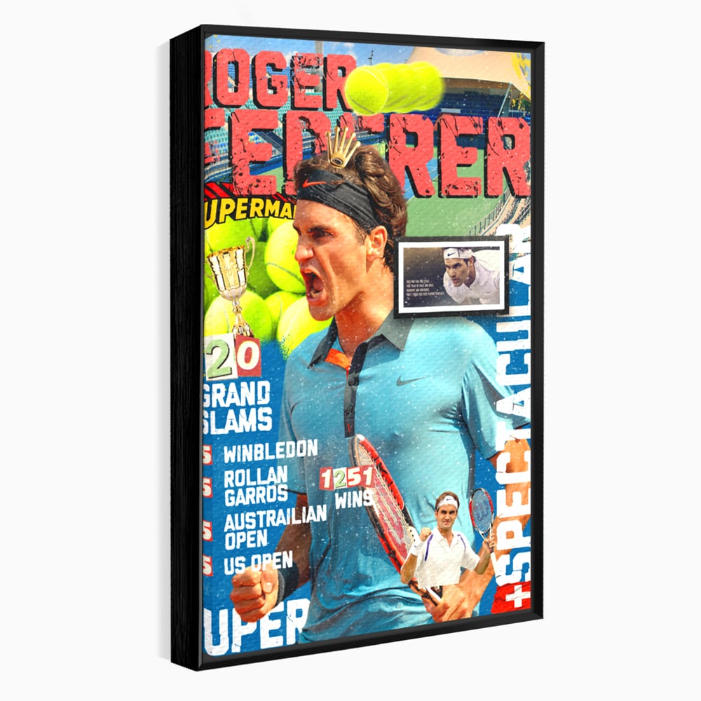 Tablou canvas cu tablou canvas cu roger federer si racheta de tenis, in rama de aluminiu negru